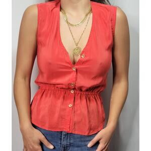 Aaron Ashe Womens 100% Silk Top Small Red V Neck Button Up Sleeveless Peplum